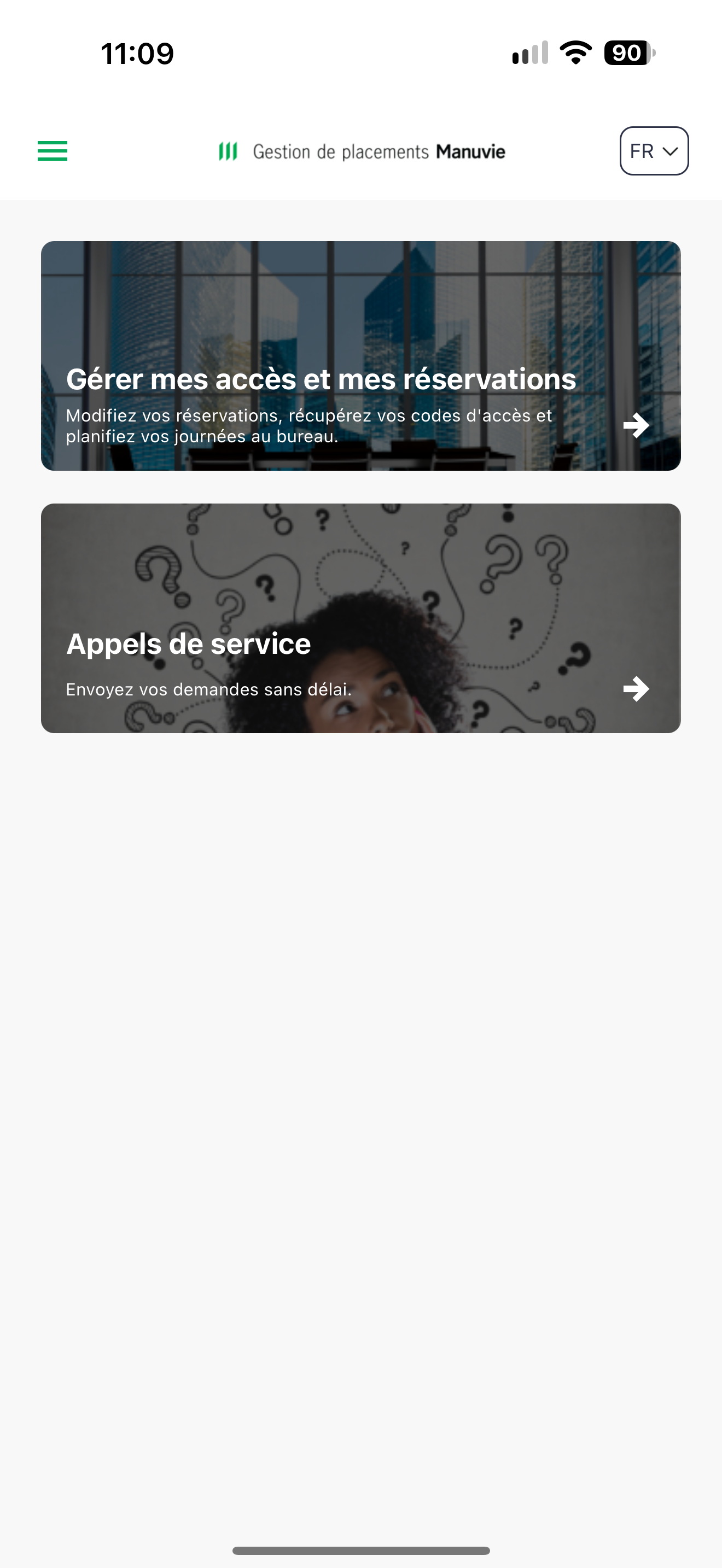 Capture: écran d'accueil de l'application mobile HBlogin; en-tête avec l'icône de menu, le logo de l'organisation et le sélecteur de langue FR, cartes « Gérer mes accès et mes réservations » et « Appels de service ».
