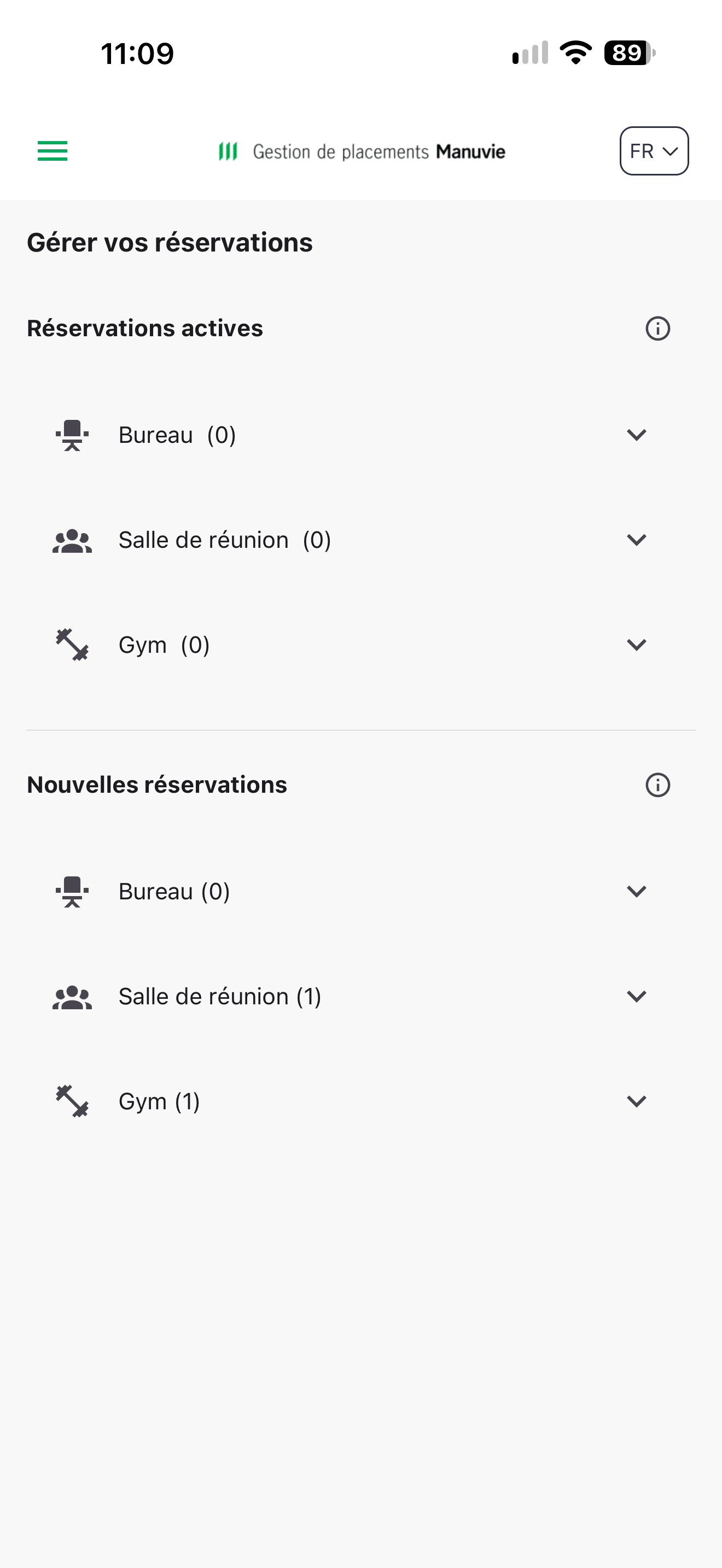 Capture: écran « Gérer vos réservations »; section « Réservations actives » avec les catégories Bureau (0), Salle de réunion (0) et Gym (0), puis « Nouvelles réservations » avec Bureau (0), Salle de réunion (1) et Gym (1).