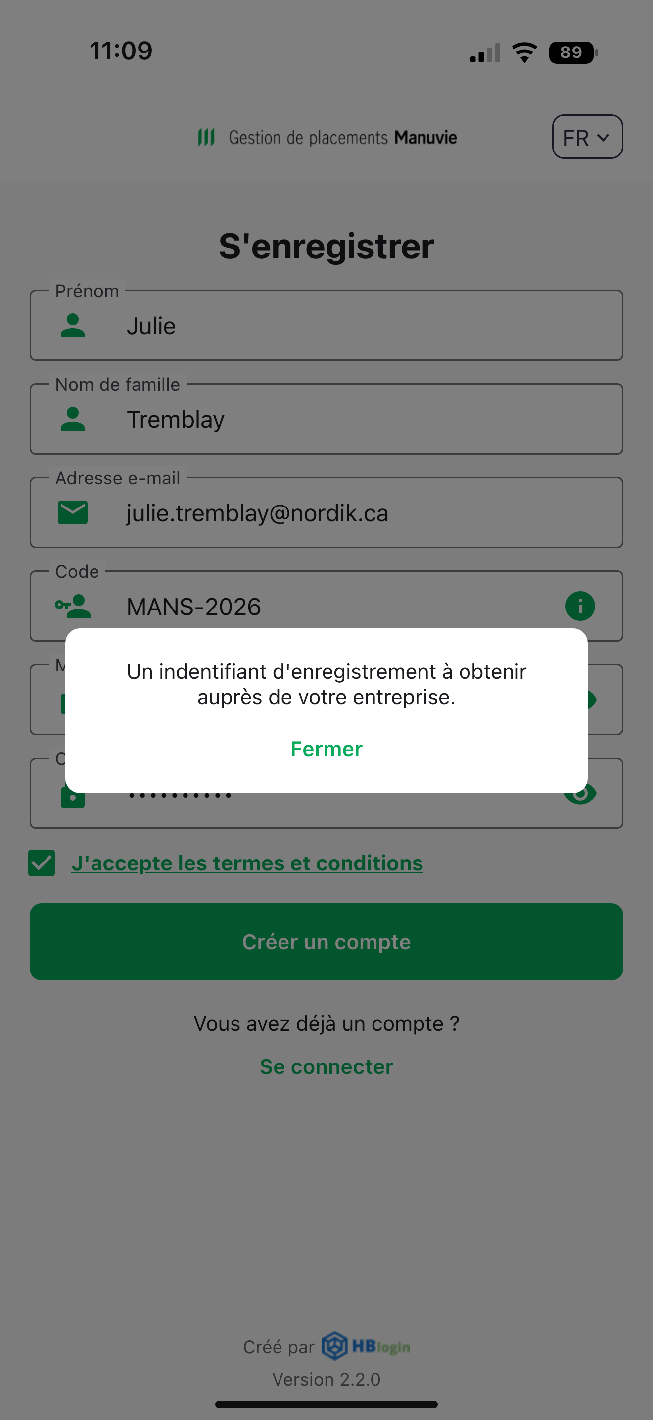 Capture: fenêtre d'aide du champ Code : « Un indentifiant d'enregistrement à obtenir auprès de votre entreprise. » avec le bouton « Fermer ».