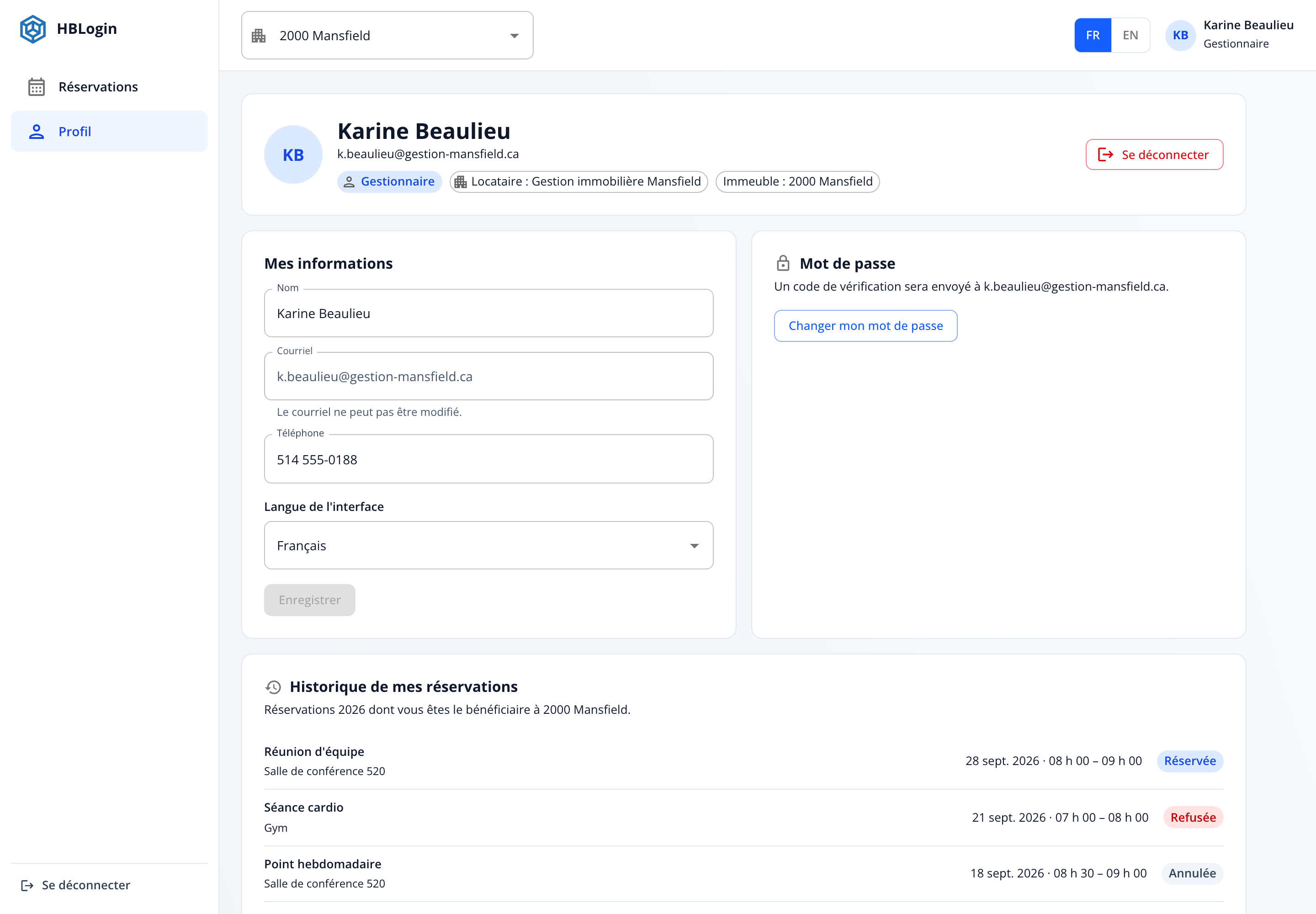 Capture: page Profil du portail HBlogin; en-tête avec initiales, rôle Gestionnaire, locataire et immeuble, cartes « Mes informations », « Mot de passe » et « Historique de mes réservations » avec les statuts.