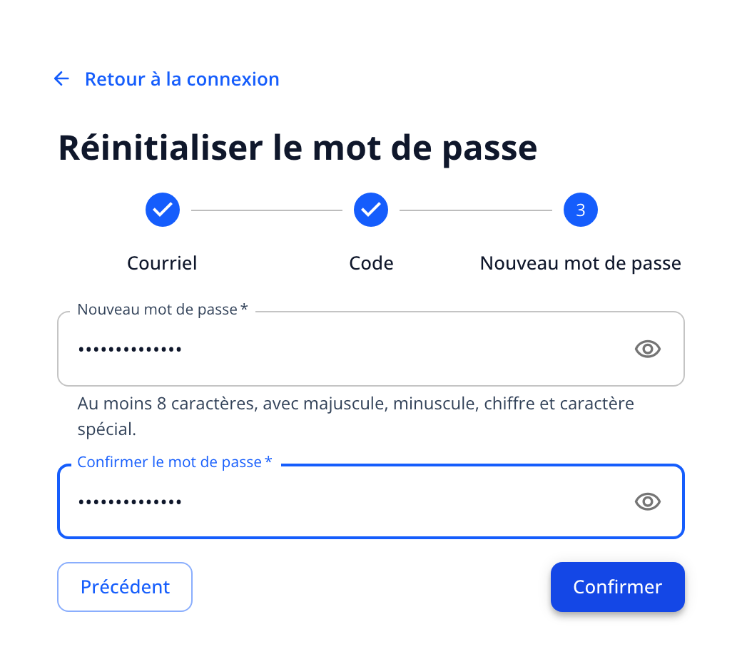 Capture: étape 3 « Nouveau mot de passe »; champs Nouveau mot de passe et Confirmer le mot de passe avec la règle « Au moins 8 caractères, avec majuscule, minuscule, chiffre et caractère spécial », bouton « Confirmer ».