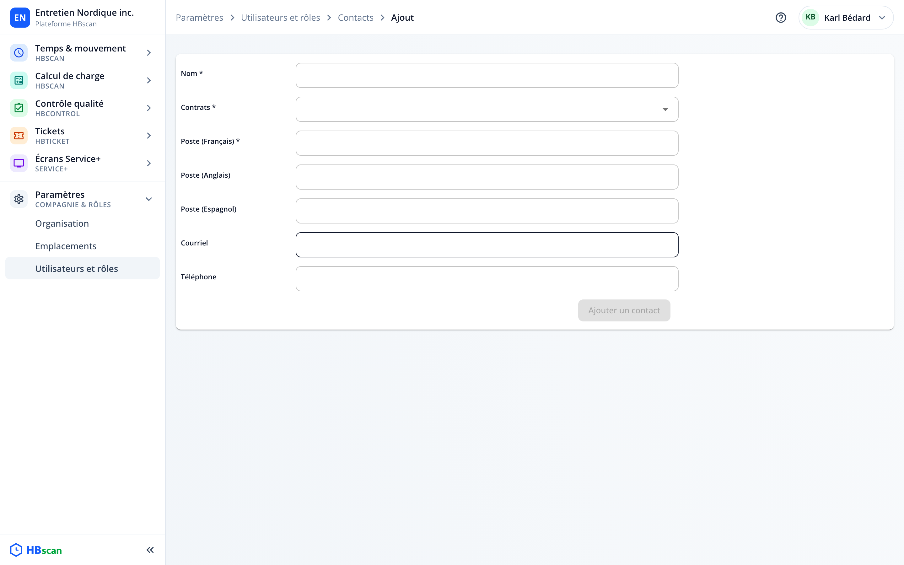 Capture: formulaire « Ajouter un contact » du portail HBscan Web; champs Nom, Contrats, Poste (Français), Poste (Anglais), Poste (Espagnol), Courriel et Téléphone.