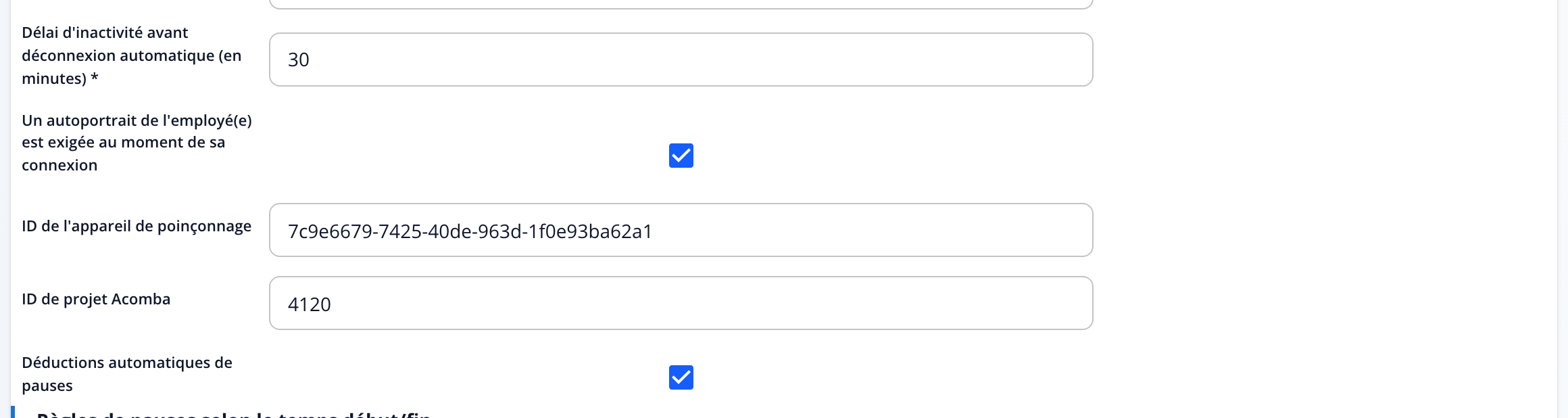 Capture: formulaire de modification d'un contrat dans le portail HBscan Web; champs « Délai d'inactivité avant déconnexion automatique (en minutes) », case « Un autoportrait de l'employé(e) est exigée au moment de sa connexion », « ID de l'appareil de poinçonnage » et « ID de projet Acomba ».