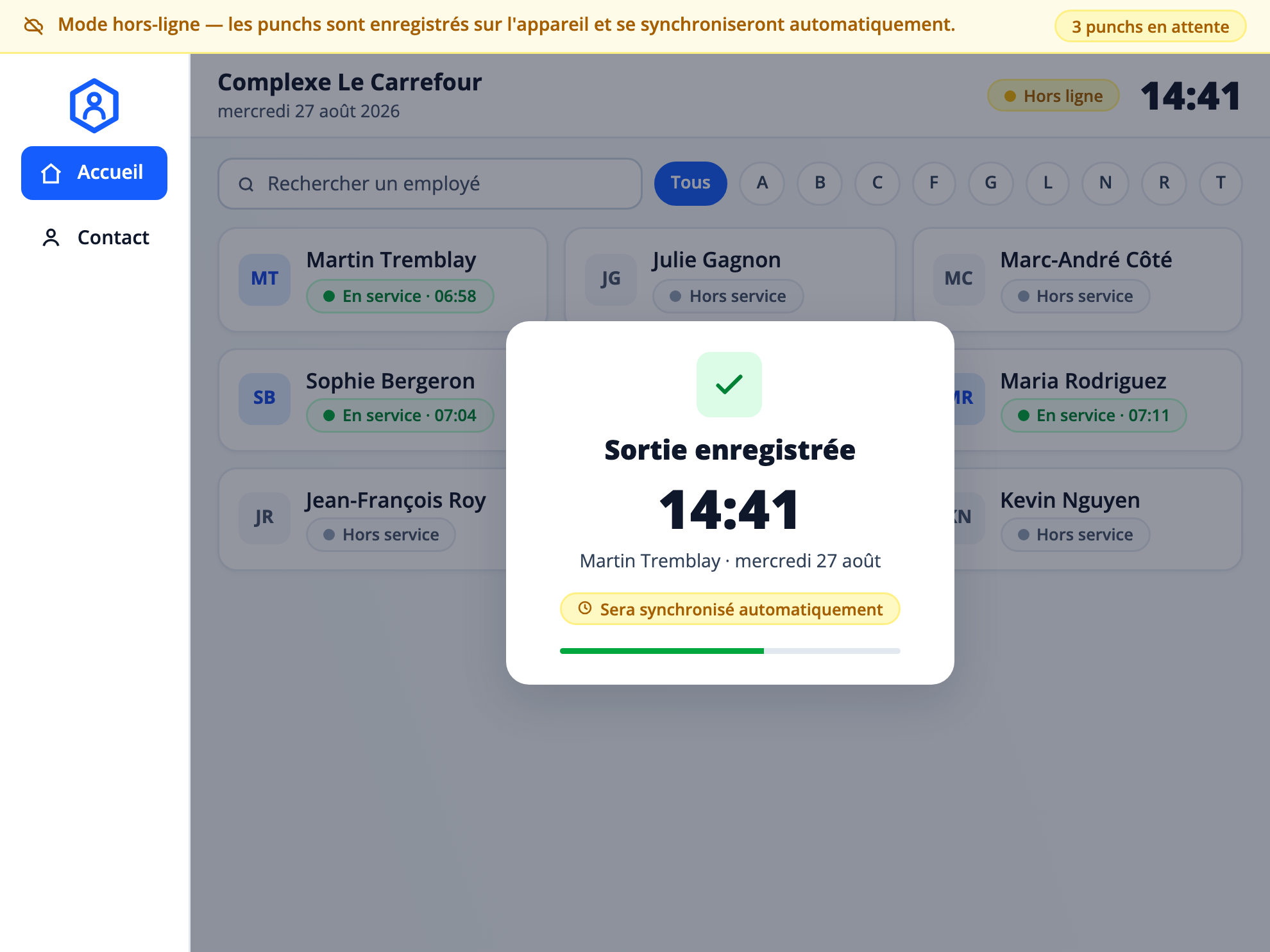 Capture: kiosque HBpunch hors ligne; bandeau jaune « Mode hors-ligne », compteur « 3 punchs en attente », pastille « Hors ligne » et confirmation « Sortie enregistrée » avec la mention « Sera synchronisé automatiquement ».