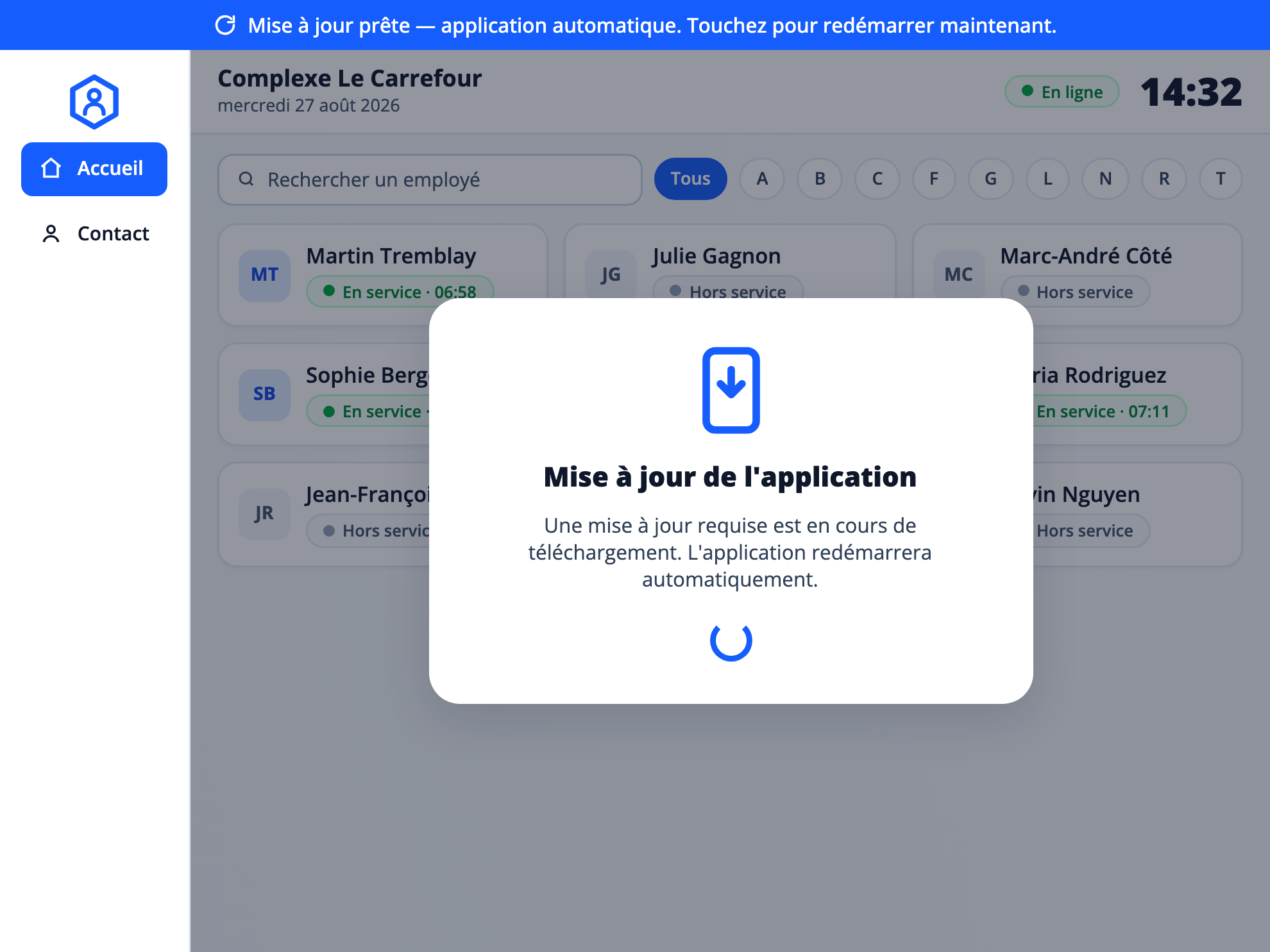Capture: mise à jour du kiosque HBpunch; bandeau bleu « Mise à jour prête » en haut de l'écran et dialogue « Mise à jour de l'application » indiquant qu'une mise à jour requise se télécharge.