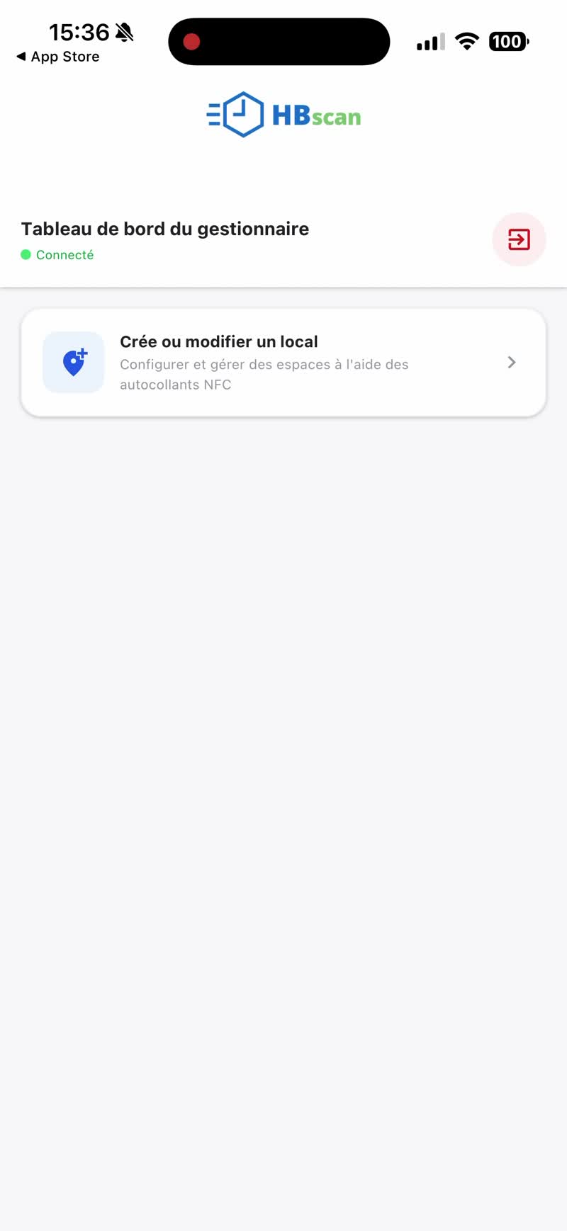 Capture: tableau de bord du gestionnaire avec statut « Connecté » et tuile « Crée ou modifier un local ».