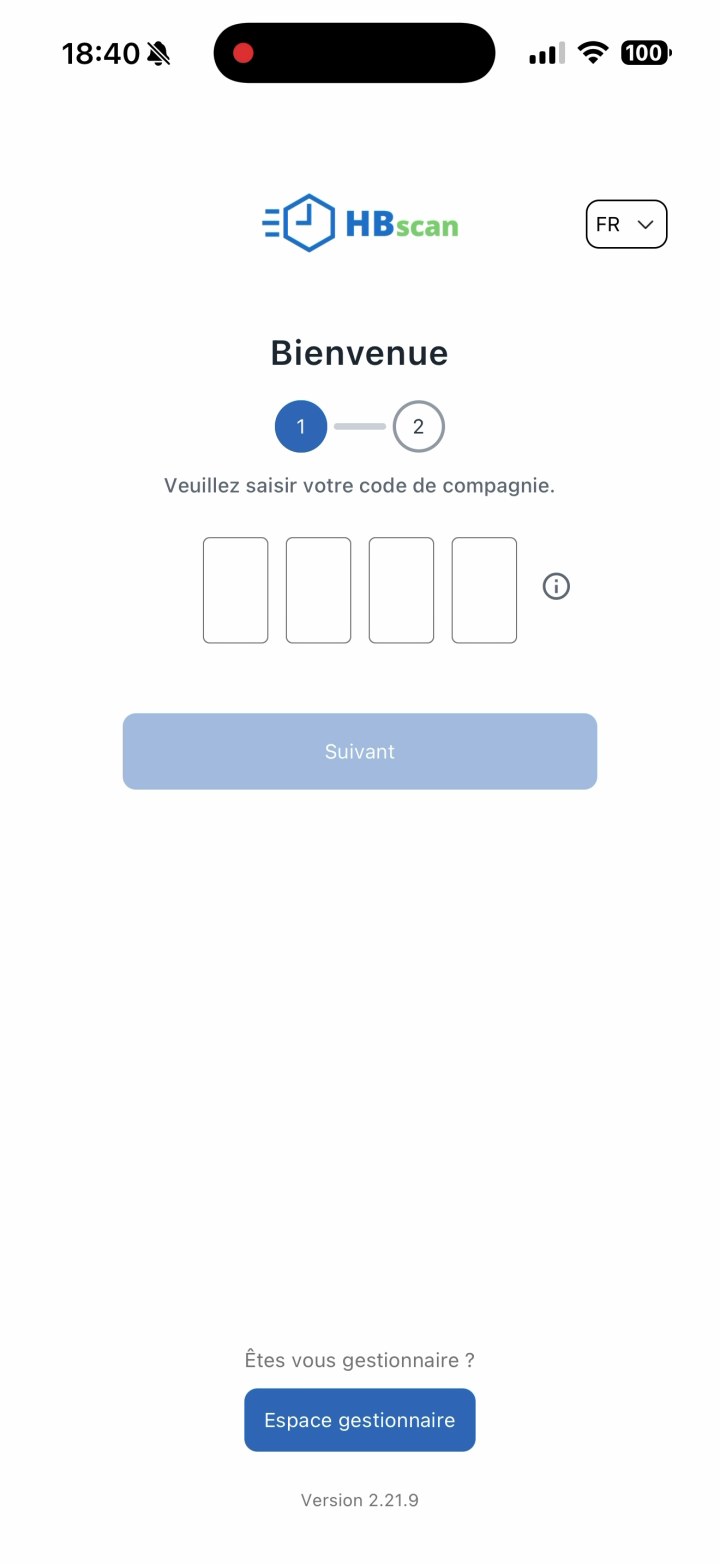 Capture: étape 1 de la connexion HBscan — page « Bienvenue » avec progression 1/2, message « Veuillez saisir votre code de compagnie » et les 4 cases vides (2 lettres + 2 chiffres) avec bouton « Suivant » désactivé.
