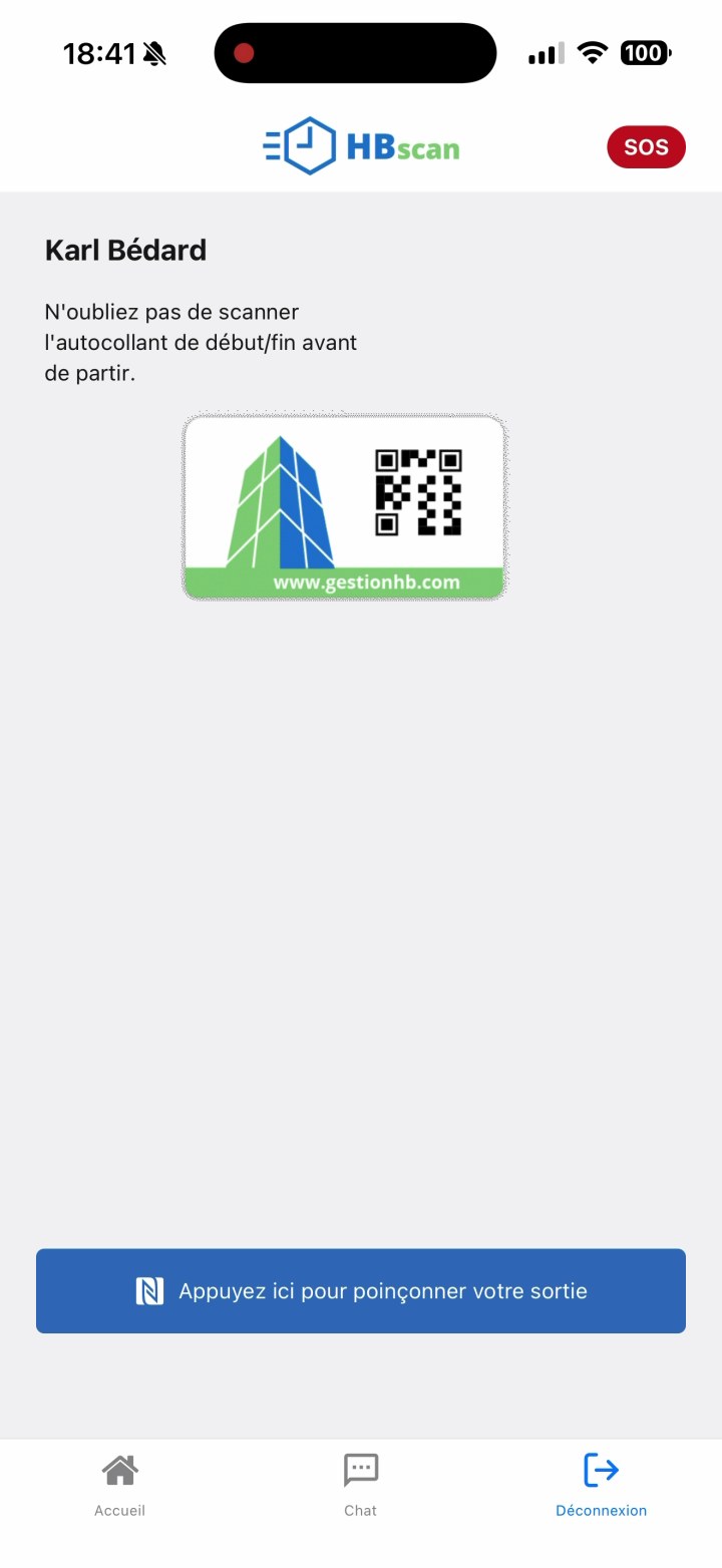 Capture: onglet « Déconnexion » — titre « Karl Bédard », rappel « N'oubliez pas de scanner l'autocollant de début/fin avant de partir », visuel d'autocollant et bouton bleu « Appuyez ici pour poinçonner votre sortie ».