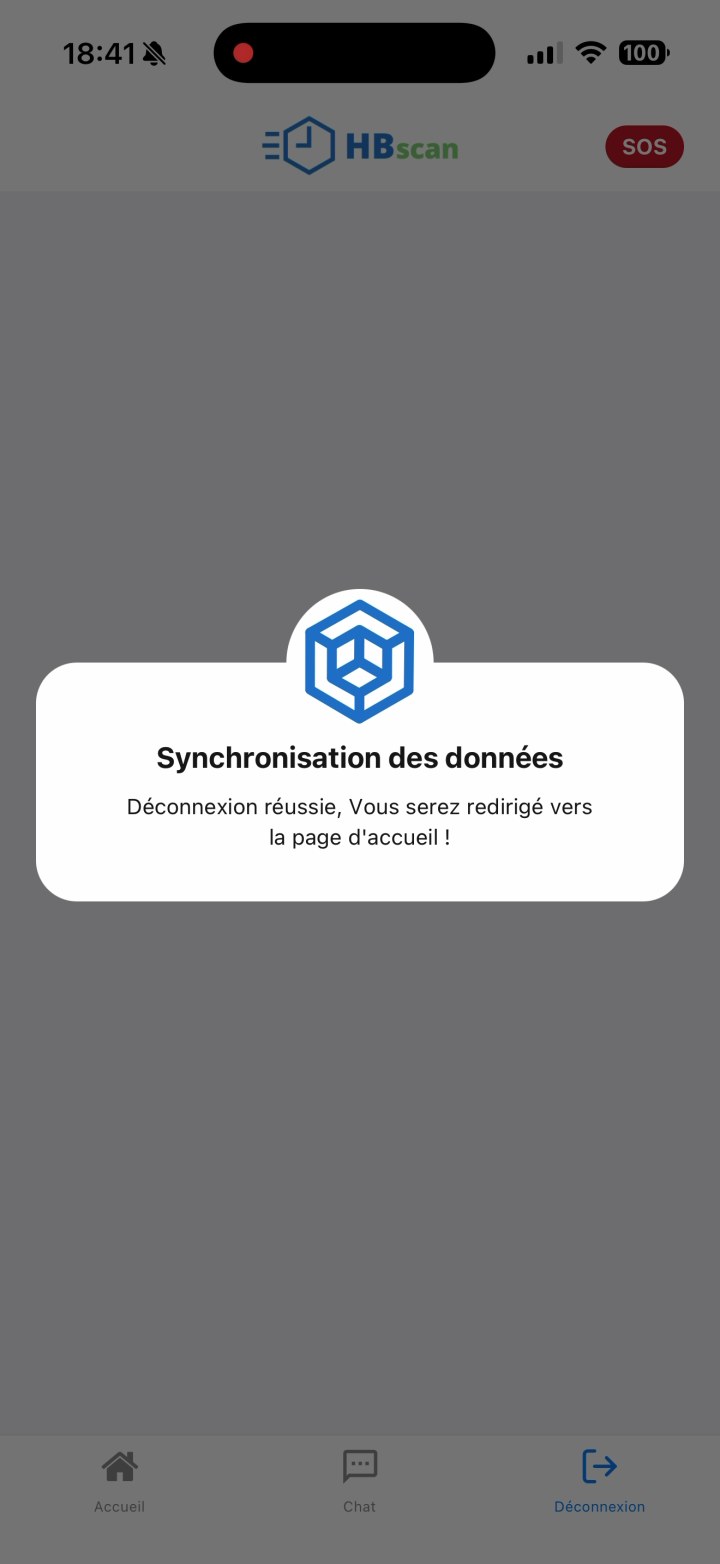 Capture: modale finale « Synchronisation des données — Déconnexion réussie, Vous serez redirigé vers la page d'accueil ! » à la fin du poinçon de sortie.