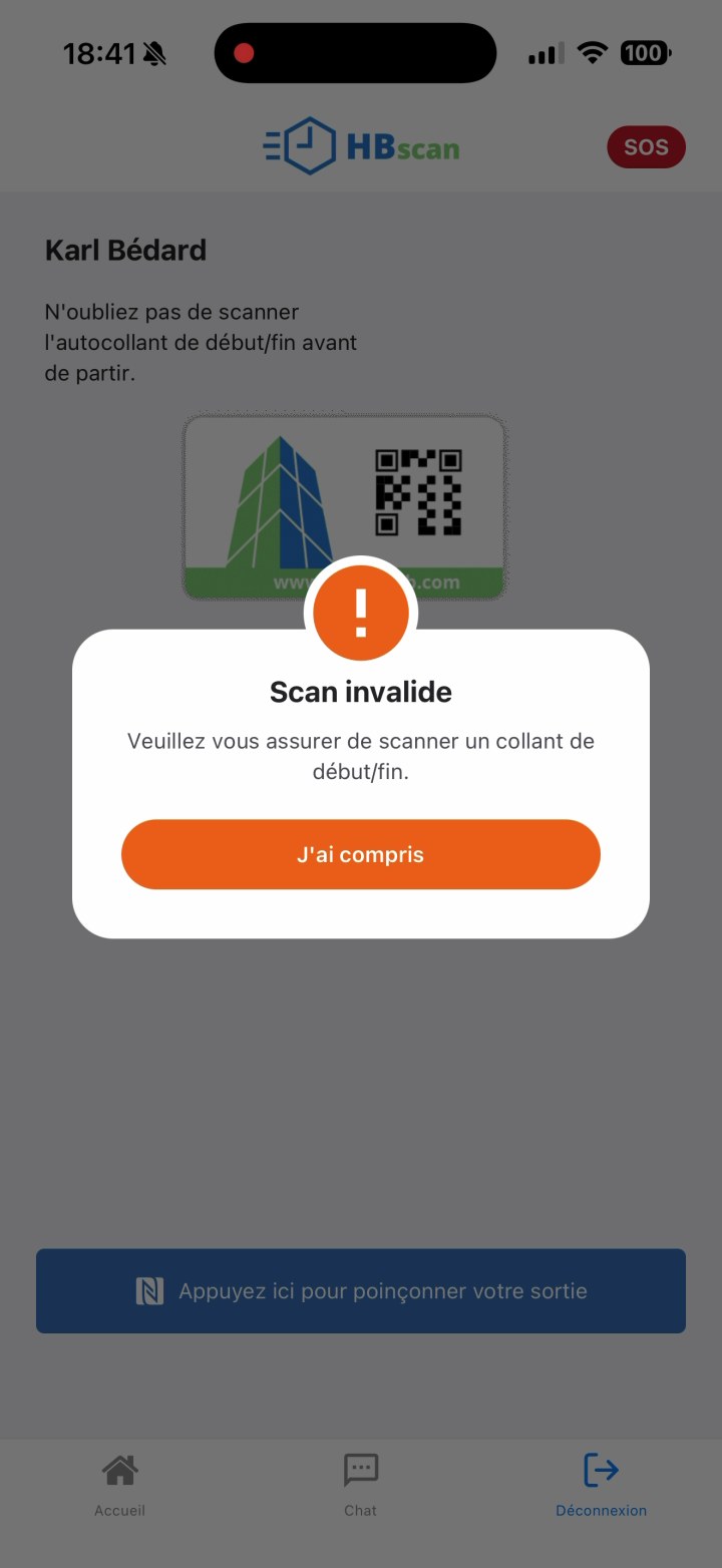 Capture: erreur « Scan invalide — Veuillez vous assurer de scanner un collant de début/fin » sur l'onglet Déconnexion, après tentative de scan d'une pastille de local au lieu de l'autocollant Début/Fin.