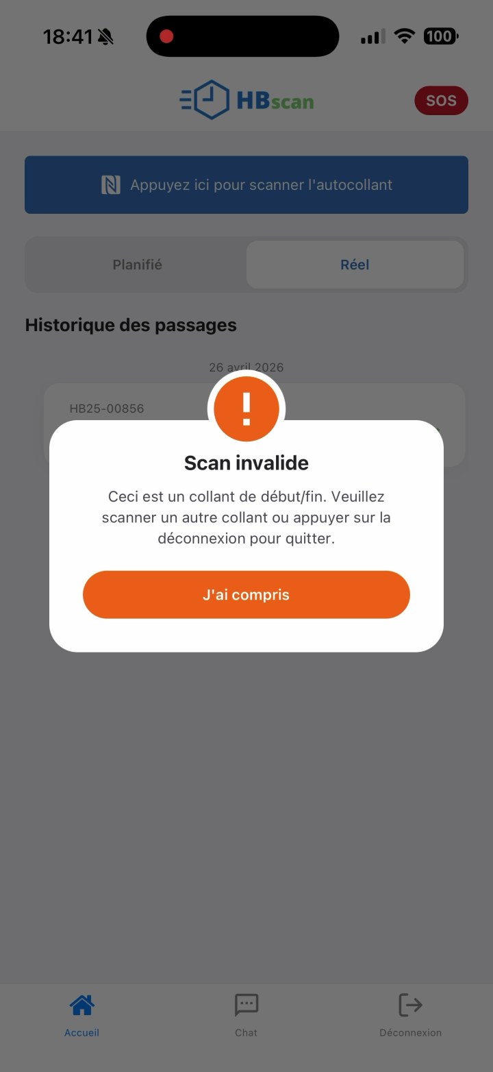 Capture: erreur « Scan invalide — Ceci est un collant de début/fin. Veuillez scanner un autre collant ou appuyer sur la déconnexion pour quitter » avec bouton orange « J'ai compris », sur la page d'accueil.