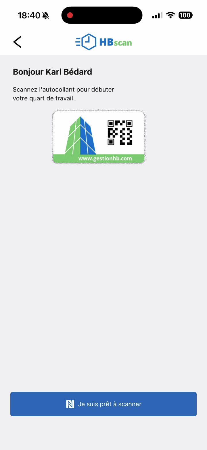 Capture: page d'accueil employé après connexion — titre « Bonjour Karl Bédard », message « Scannez l'autocollant pour débuter votre quart de travail », visuel d'autocollant et bouton bleu « Je suis prêt à scanner ».