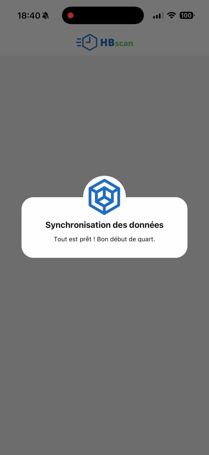 Capture: modale de synchronisation des données avec le logo ValkarTech et le message « Tout est prêt ! Bon début de quart » à la fin du poinçon d'entrée.