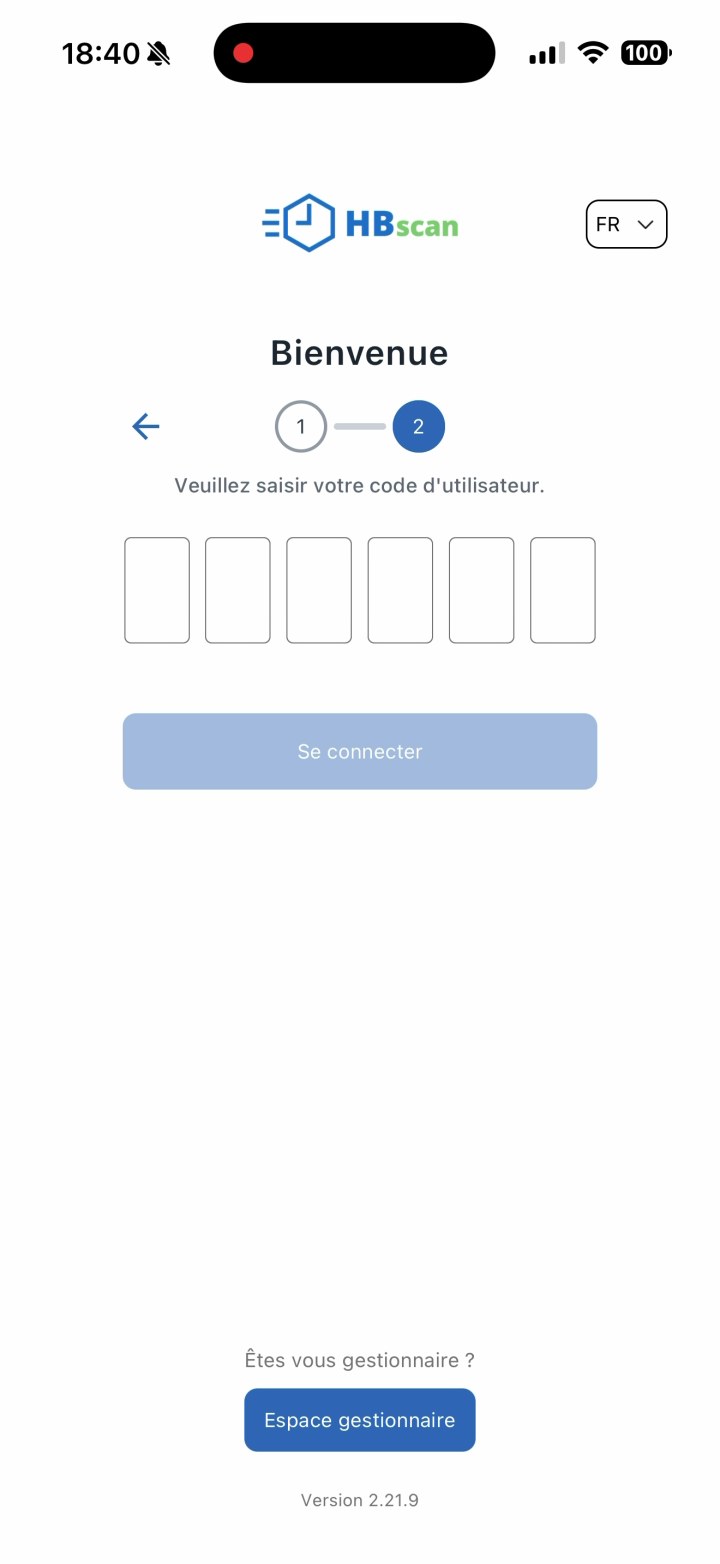 Capture: étape 2 de la connexion HBscan — progression 2/2, message « Veuillez saisir votre code d'utilisateur », six cases vides pour le code à 6 chiffres et bouton « Se connecter » désactivé.