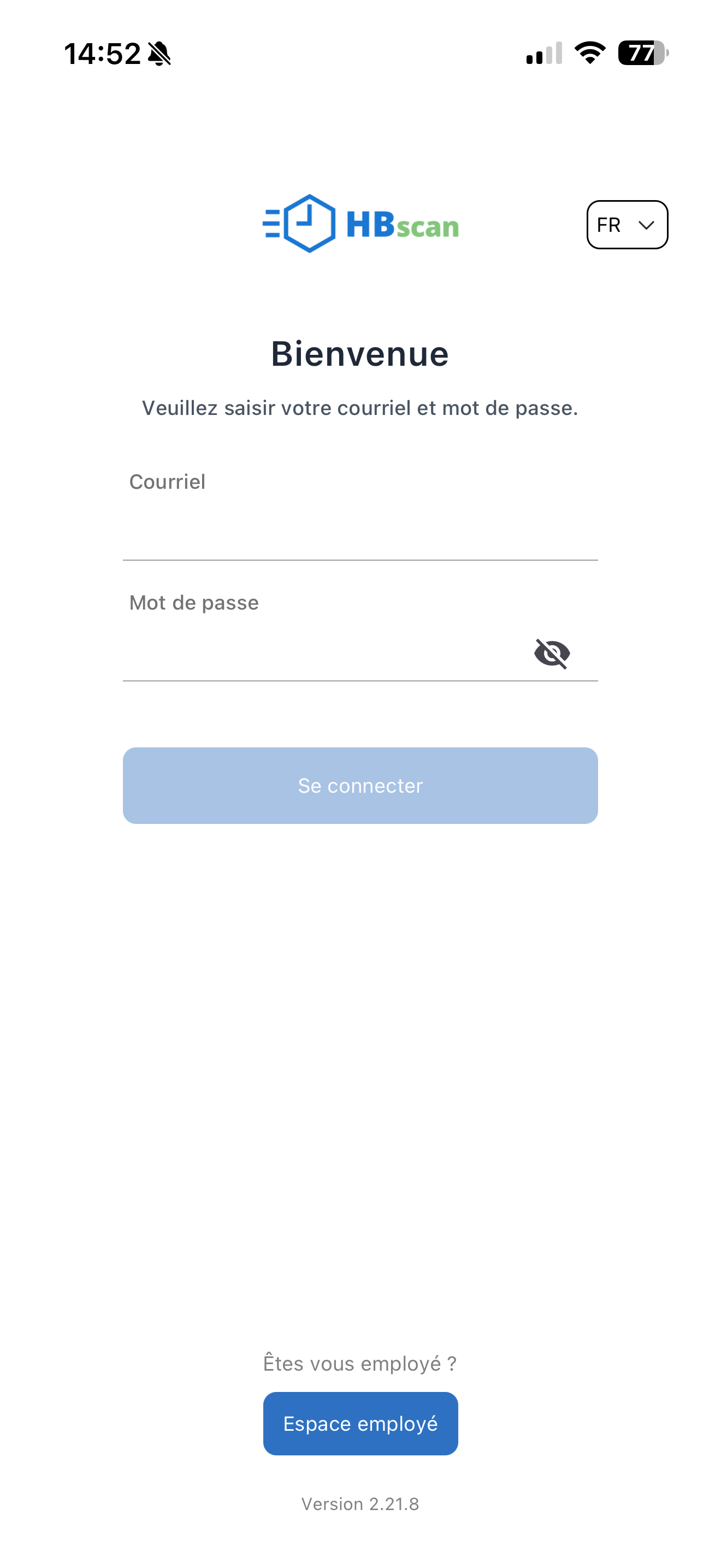 Capture: écran de connexion gestionnaire HBscan avec champs courriel et mot de passe.