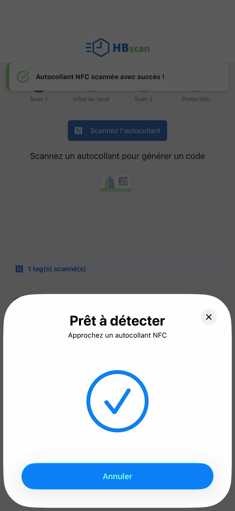 Capture: modal « Prêt à détecter — Approchez un autocollant NFC » et bannière « Autocollant NFC scannée avec succès ».