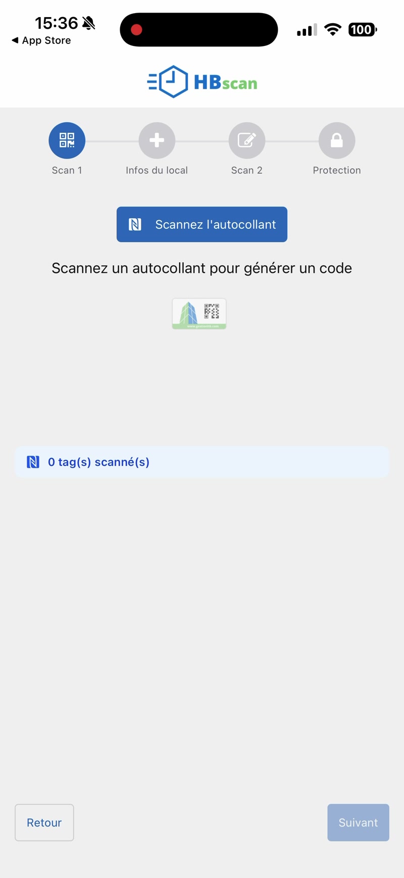 Capture: écran Scan 1 avec bouton bleu « Scannez l'autocollant » et compteur « 0 tag(s) scanné(s) ».