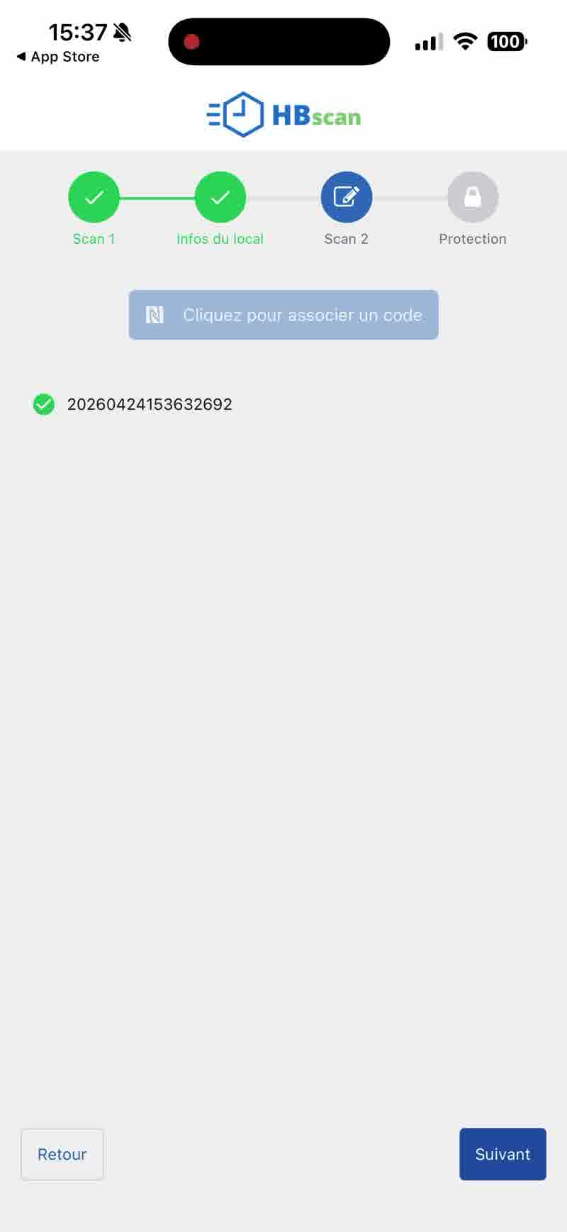 Capture: écran Scan 2 avec code unique 20260424153632692 associé à la pastille.