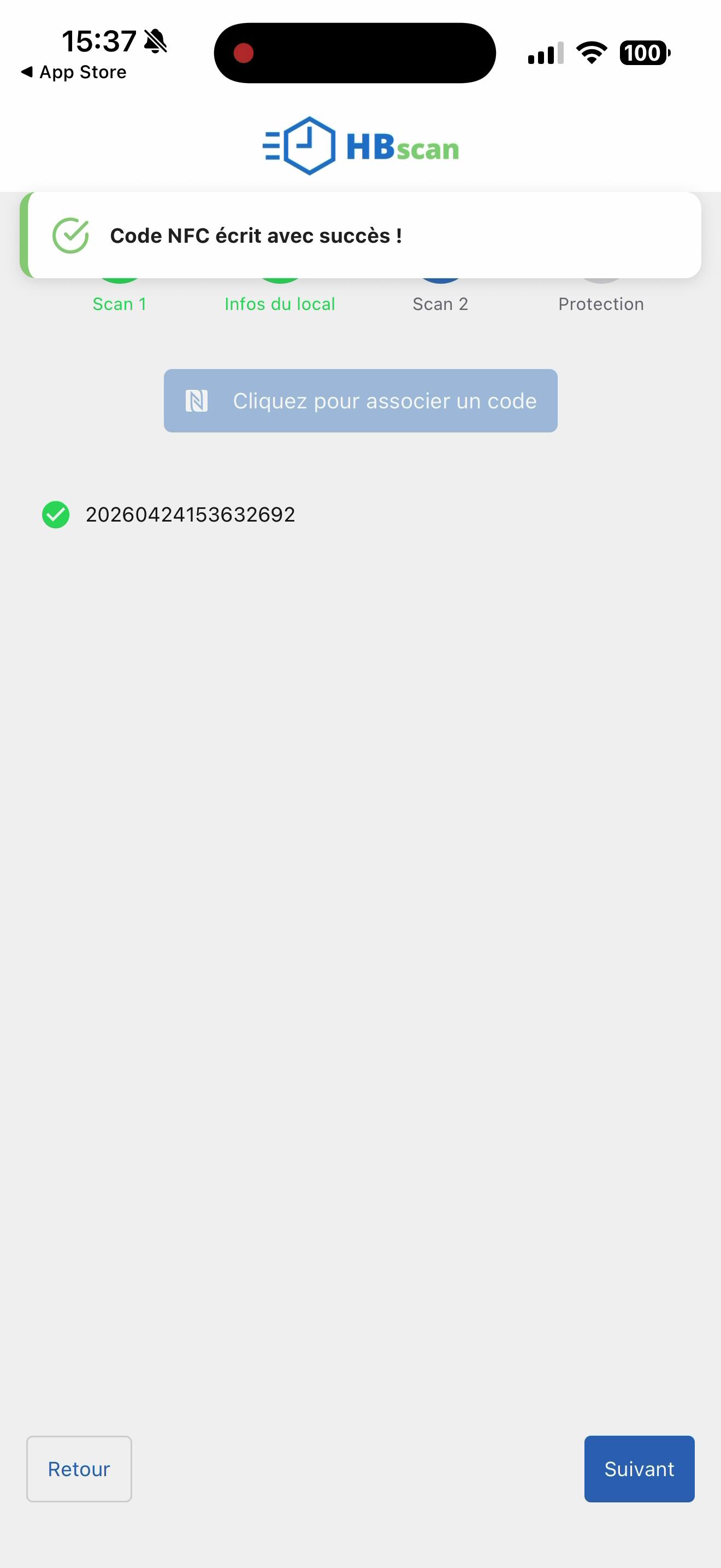 Capture: bannière « Code NFC écrit avec succès » sur l'écran Scan 2.