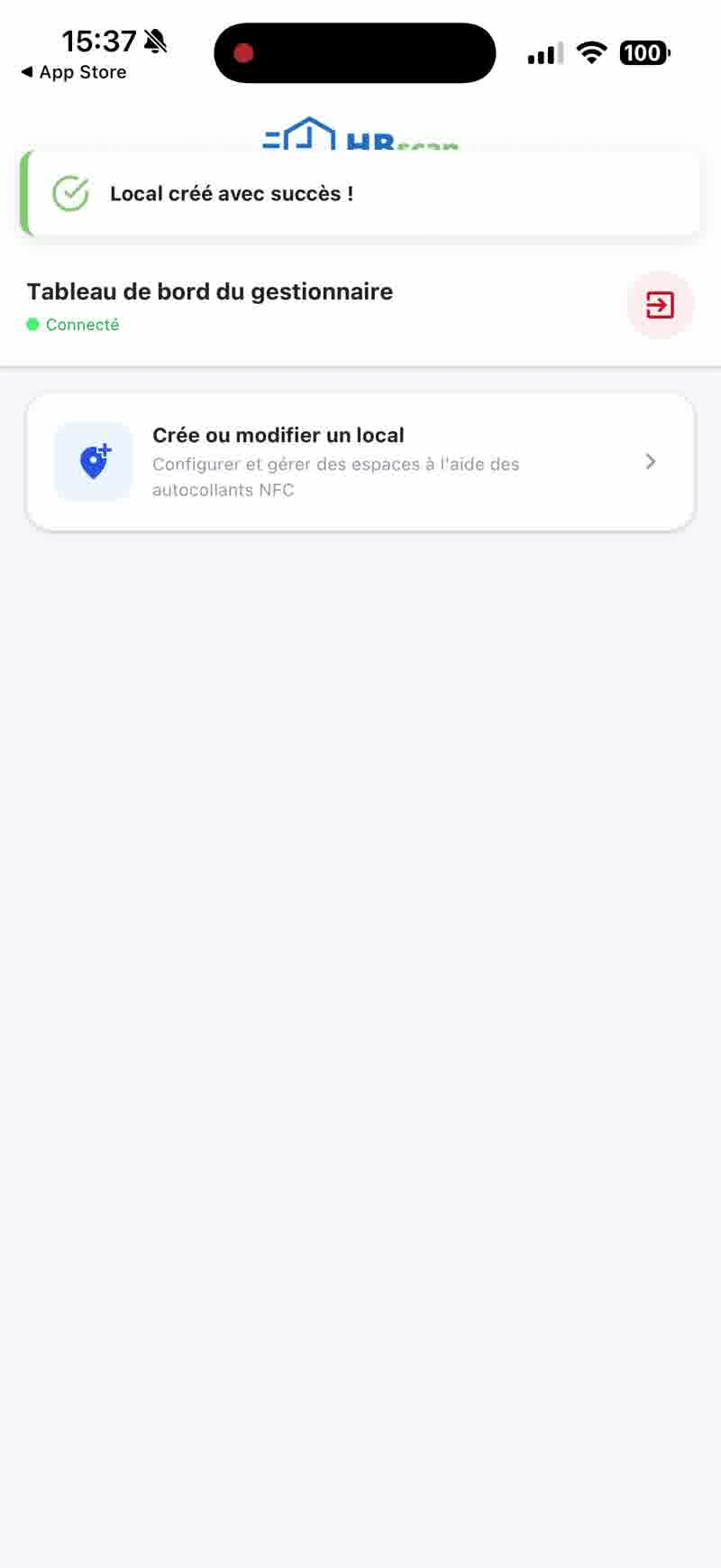 Capture: bannière verte « Local créé avec succès » sur le tableau de bord du gestionnaire.