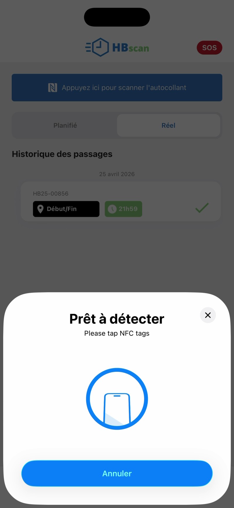 Capture: modal système NFC « Prêt à détecter — Please tap NFC tags » qui apparaît dès que l'employé tape sur le bouton de scan.