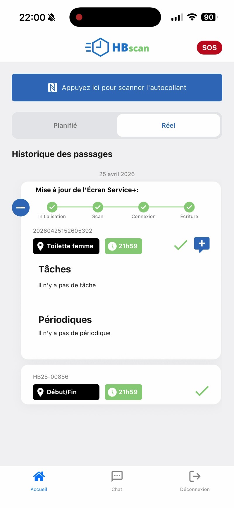 Capture: même carte avec les quatre étapes (Initialisation, Scan, Connexion, Écriture) toutes vertes — l'écran a été mis à jour.