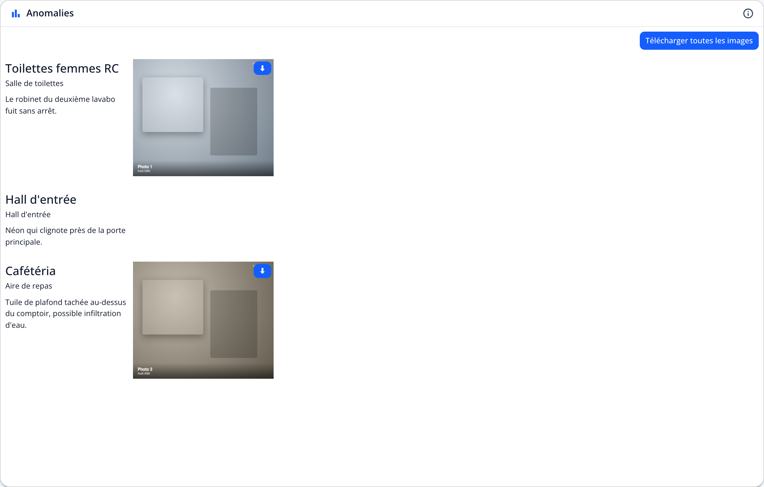 Capture : carte « Anomalies »; robinet qui fuit, néon qui clignote et tuile de plafond tachée, avec local, profil et photos.