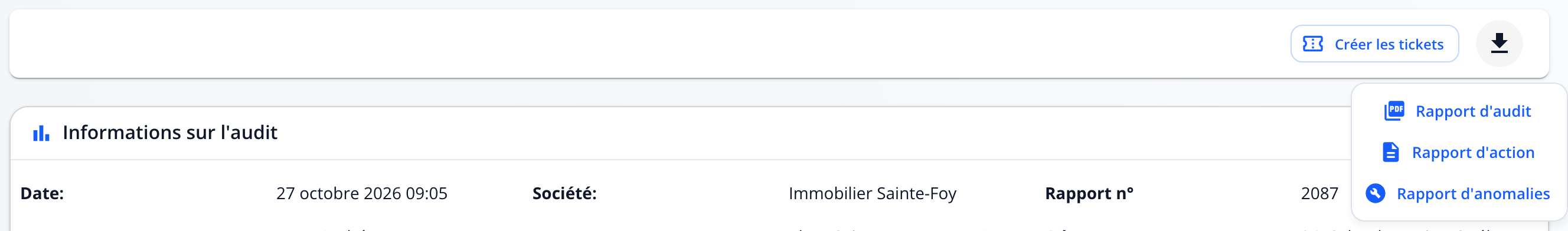 Capture : haut de la page d'un audit; bouton « Créer les tickets » et menu de téléchargement avec Rapport d'audit, Rapport d'action et Rapport d'anomalies.
