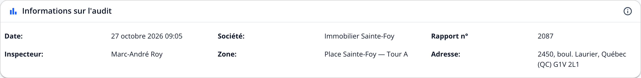 Capture : carte « Informations sur l'audit »; date, société, numéro du rapport, inspecteur, zone et adresse.