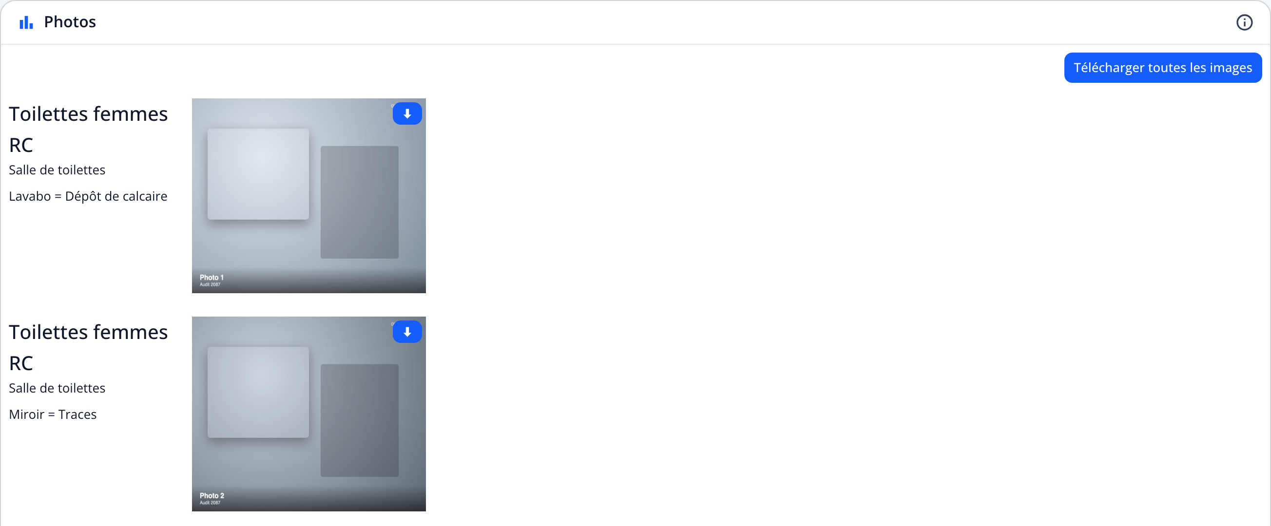 Capture : carte « Photos »; bouton Télécharger toutes les images, puis deux fautes photographiées avec le local, le profil et l'élément en faute.