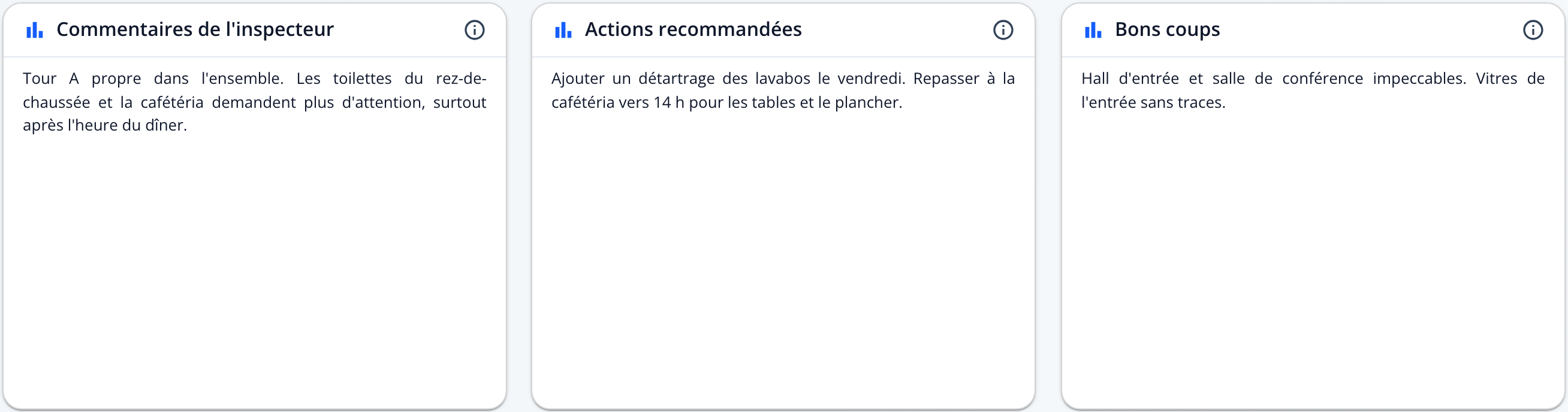 Capture : cartes Commentaires de l'inspecteur, Actions recommandées et Bons coups avec le texte saisi par l'auditeur.