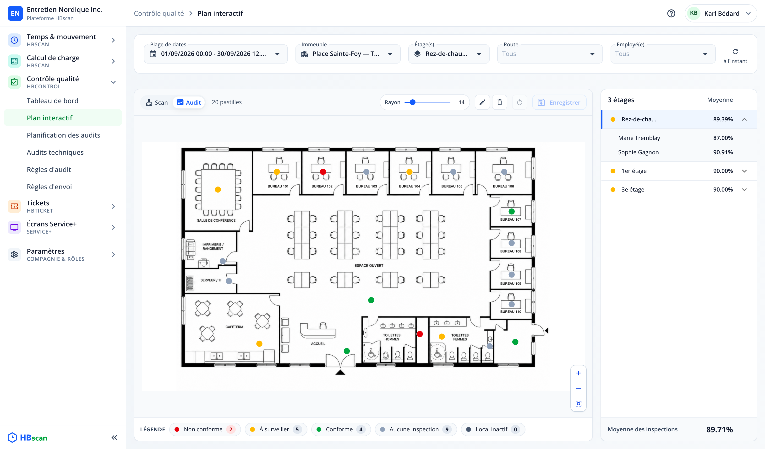 Capture : plan interactif en mode Audit; pastilles selon la moyenne des inspections HBcontrol, légende Non conforme, À surveiller, Conforme, Aucune inspection, liste des étages avec moyennes.
