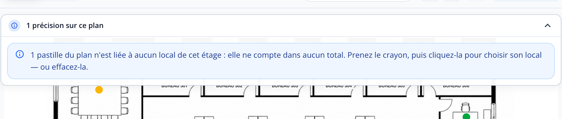 Capture : panneau d'avertissements du plan; pastille sans local et local avec activité non placé sur le plan.