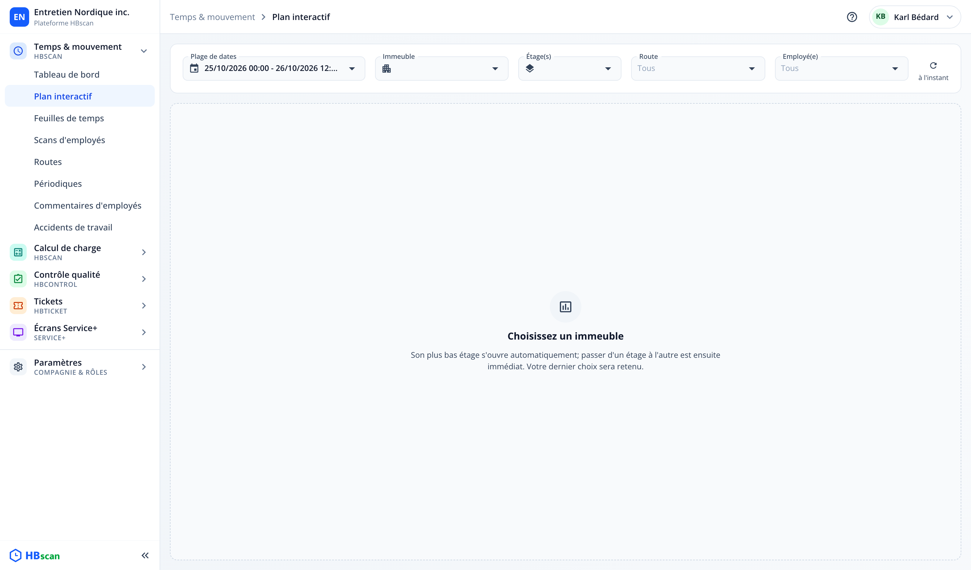 Capture : page du plan interactif sans immeuble choisi; barre de filtres et message « Choisissez un immeuble ».