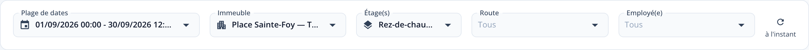Capture : barre de filtres du plan interactif; Plage de dates avec heures, Immeuble, Étage(s), Route, Employé(e) et bouton d'actualisation.