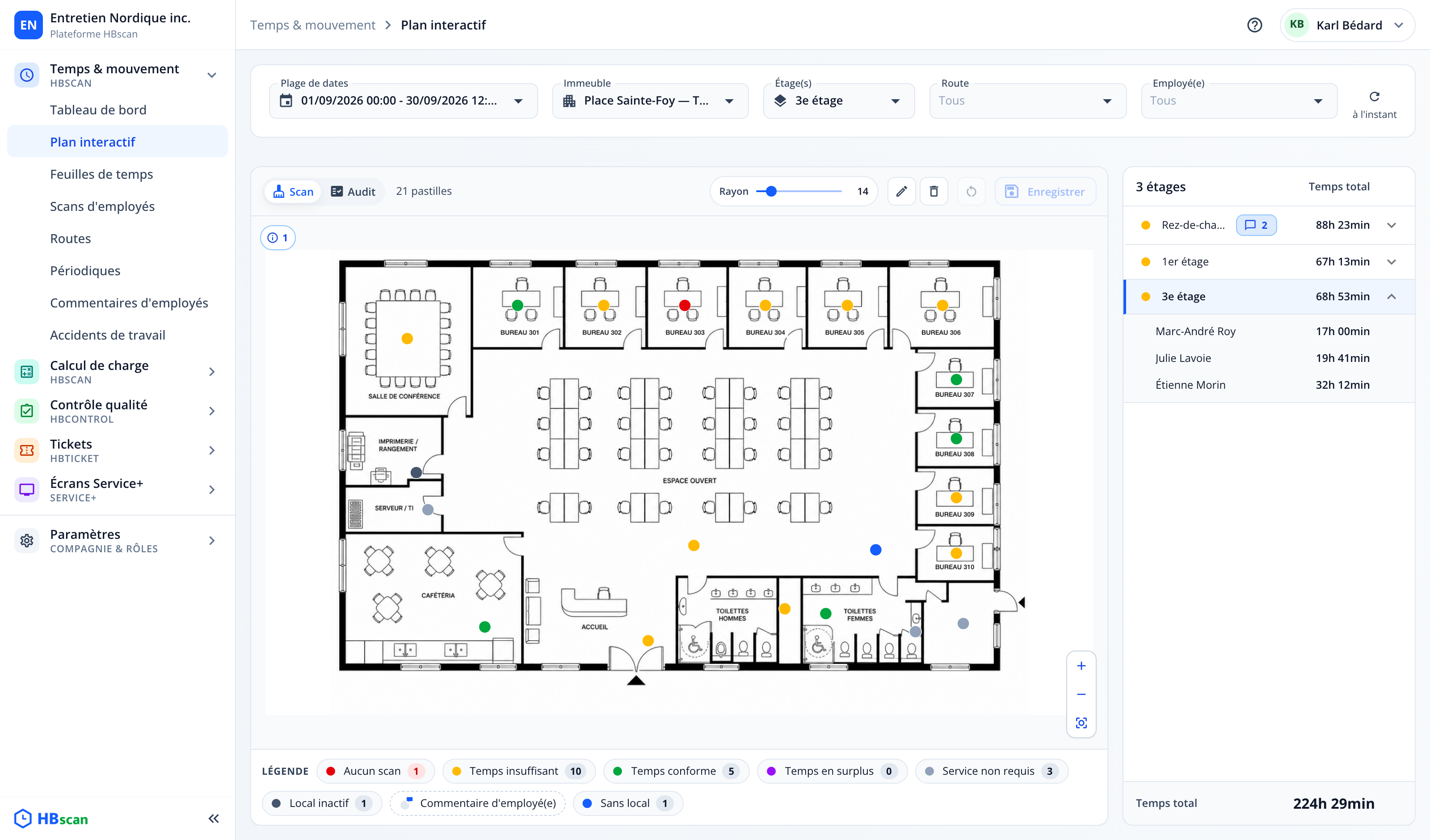 Capture : plan du 3e étage avec une pastille bleue sans local; entrée « Sans local » dans la légende et panneau d'avertissements ouvert.