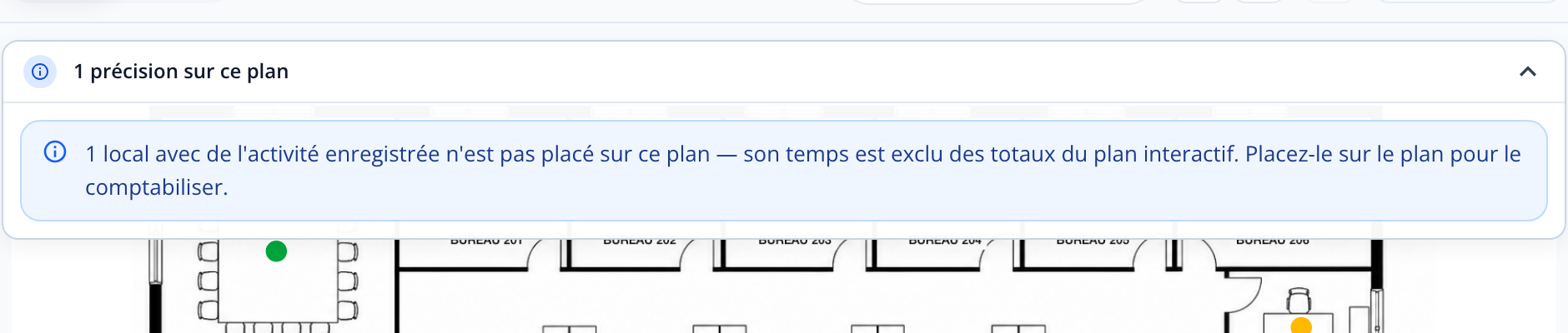 Capture : panneau d'avertissements signalant un local avec activité non placé sur le plan, temps exclu des totaux.