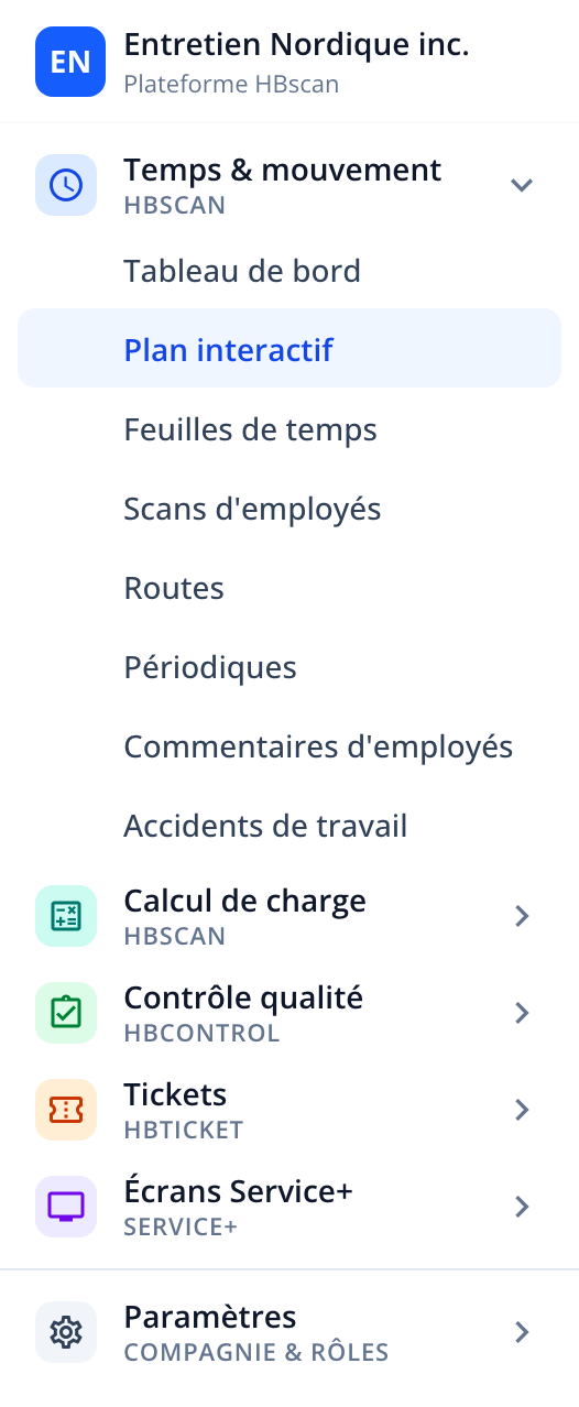 Capture: barre latérale du portail, module Temps & mouvement déplié avec la section Plan interactif surlignée.
