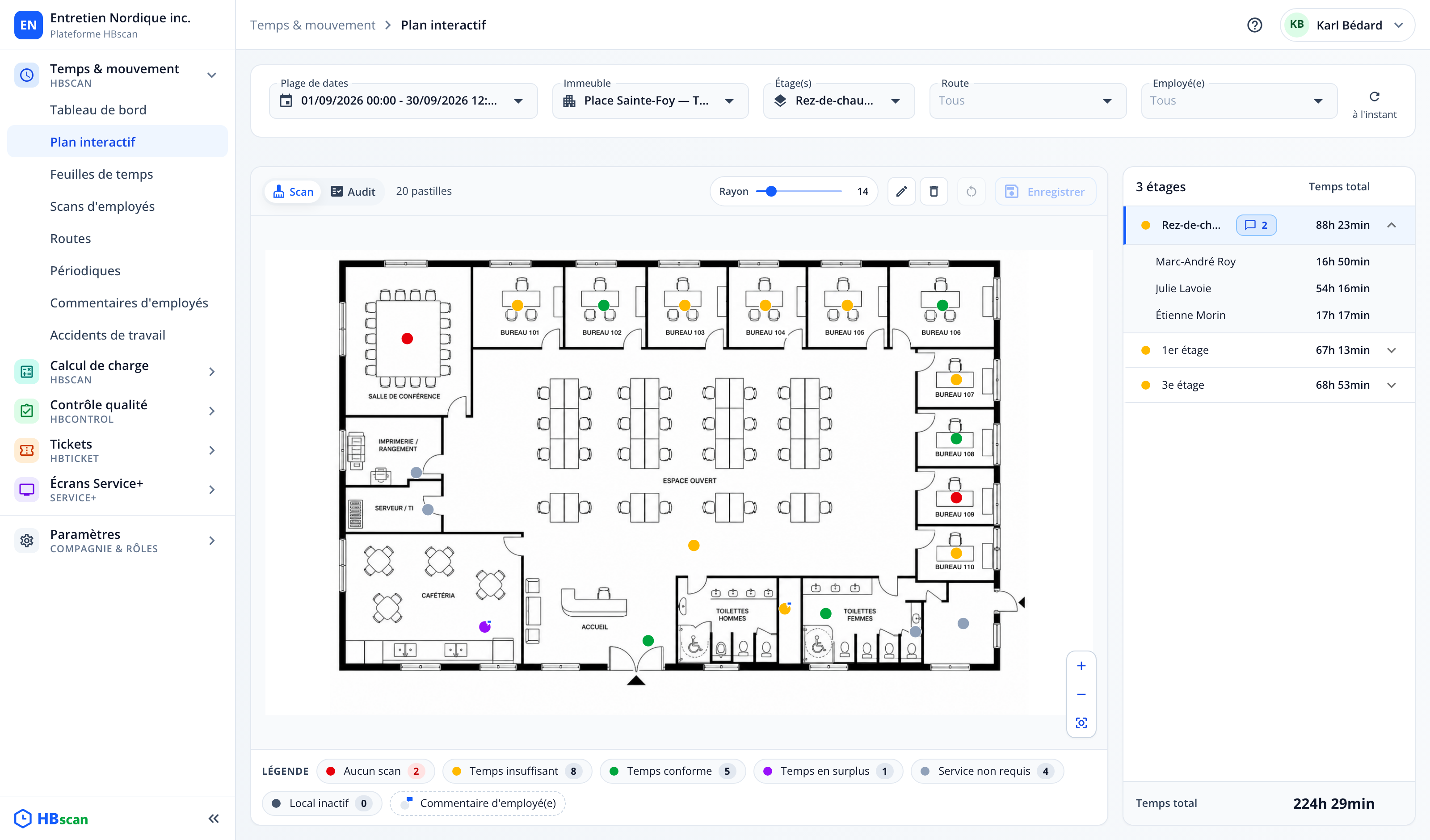 Capture : plan interactif du rez-de-chaussée en mode Scan; pastilles colorées par local, barre d'outils, légende avec compteurs, liste des étages avec temps totaux.