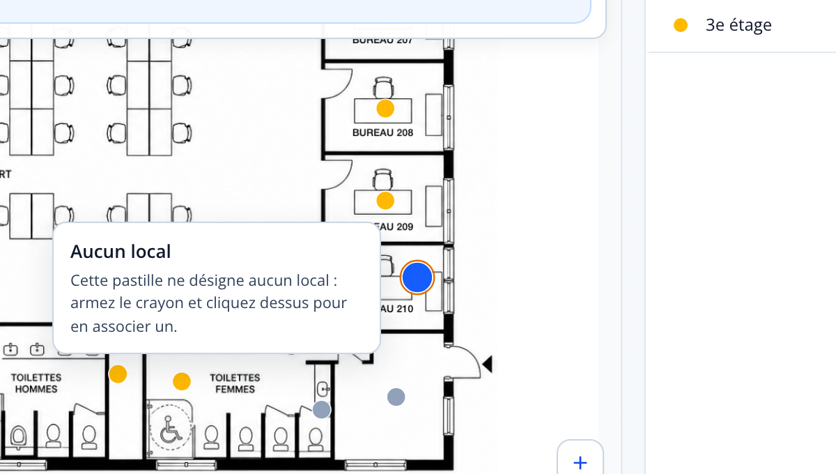 Capture : nouvelle pastille bleue posée sur le plan, entourée de l'anneau ambre « Non enregistrée ».