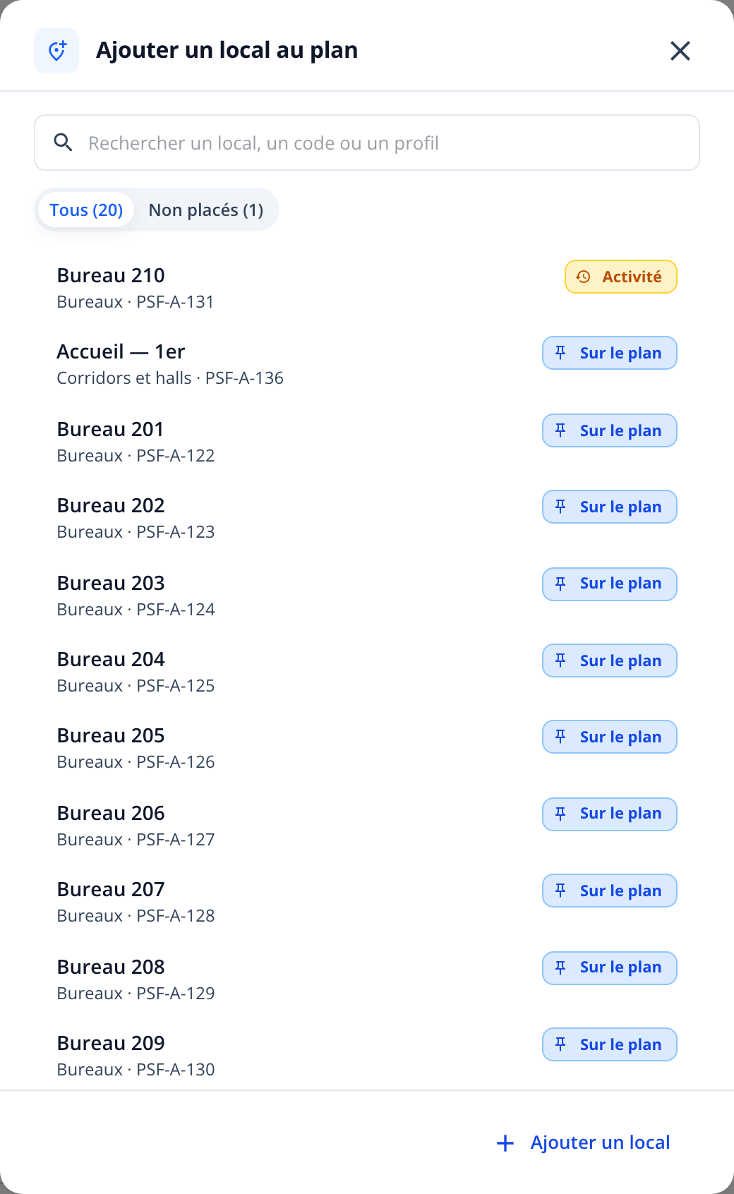 Capture : fenêtre « Ajouter un local au plan »; recherche, onglets Tous et Non placés, liste des locaux avec profil et codes, bouton Ajouter un local.