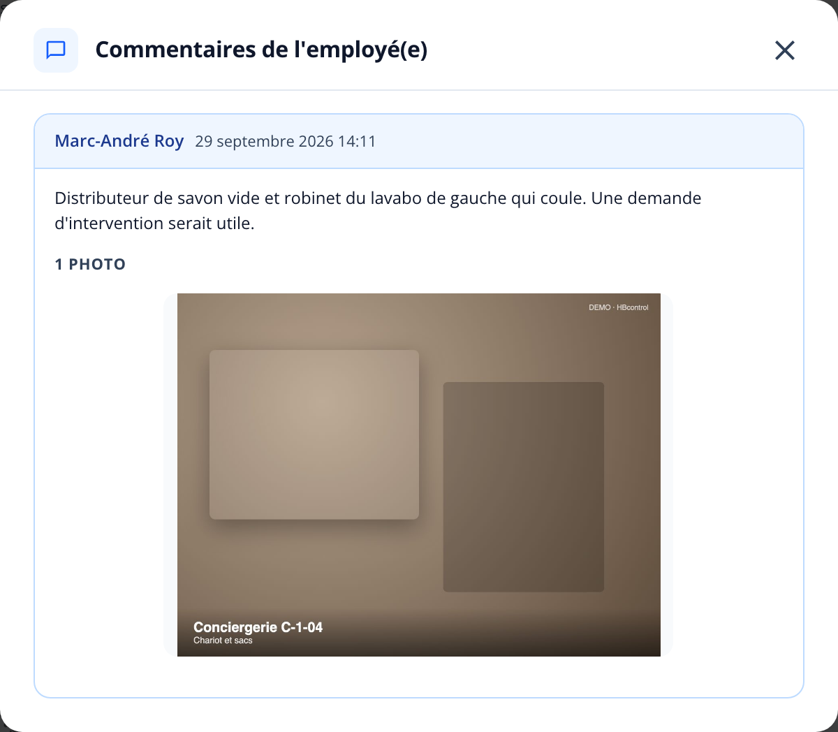 Capture : fenêtre « Commentaires de l'employé(e) »; auteur, date, texte du commentaire et photo jointe.