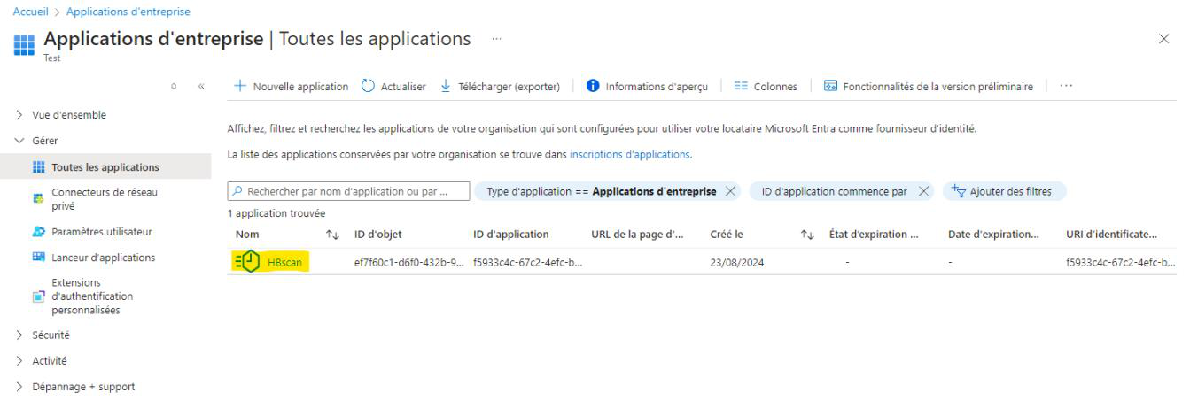 Capture: page « Applications d'entreprise — Toutes les applications » avec une seule application HBscan listée, ses identifiants d'objet et d'application visibles.