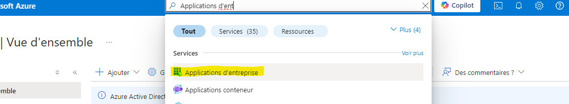 Capture: barre de recherche du portail Azure avec « Applications d'ent » saisi et l'item « Applications d'entreprise » mis en évidence dans la liste de résultats.