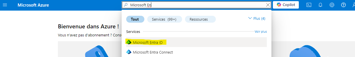 Capture: barre de recherche du portail Microsoft Azure avec « Microsoft En » saisi et le service « Microsoft Entra ID » mis en évidence dans la liste de résultats.