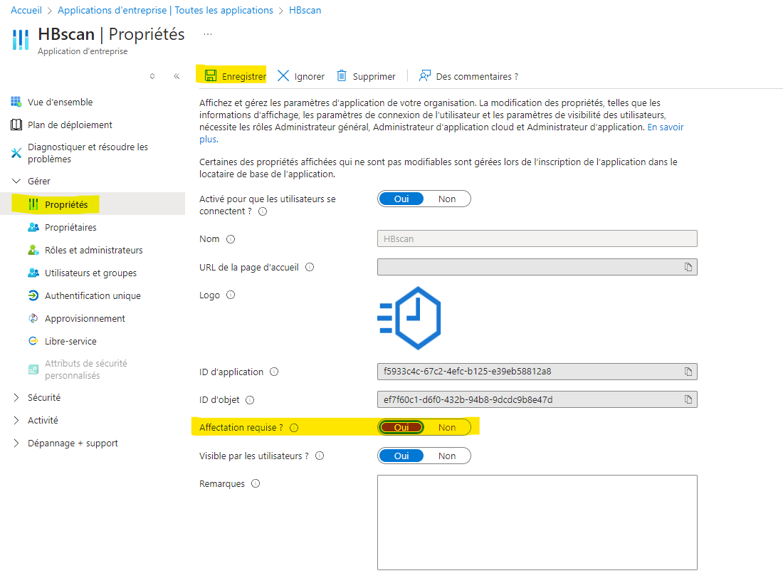 Capture: page « HBscan | Propriétés » dans Azure avec l'onglet Propriétés sélectionné, le bouton bascule « Affectation requise ? » mis sur Oui (surligné), et le bouton « Enregistrer » dans la barre supérieure.