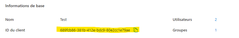 Capture: page « Informations de base » de Microsoft Entra ID montrant le champ « ID du client » (Tenant ID) surligné en jaune avec une valeur de type GUID à copier.