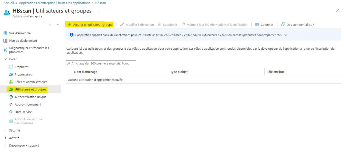 Capture: page « HBscan | Utilisateurs et groupes » avec l'option « + Ajouter un utilisateur/groupe » mise en évidence dans la barre d'actions et la table des affectations vide.