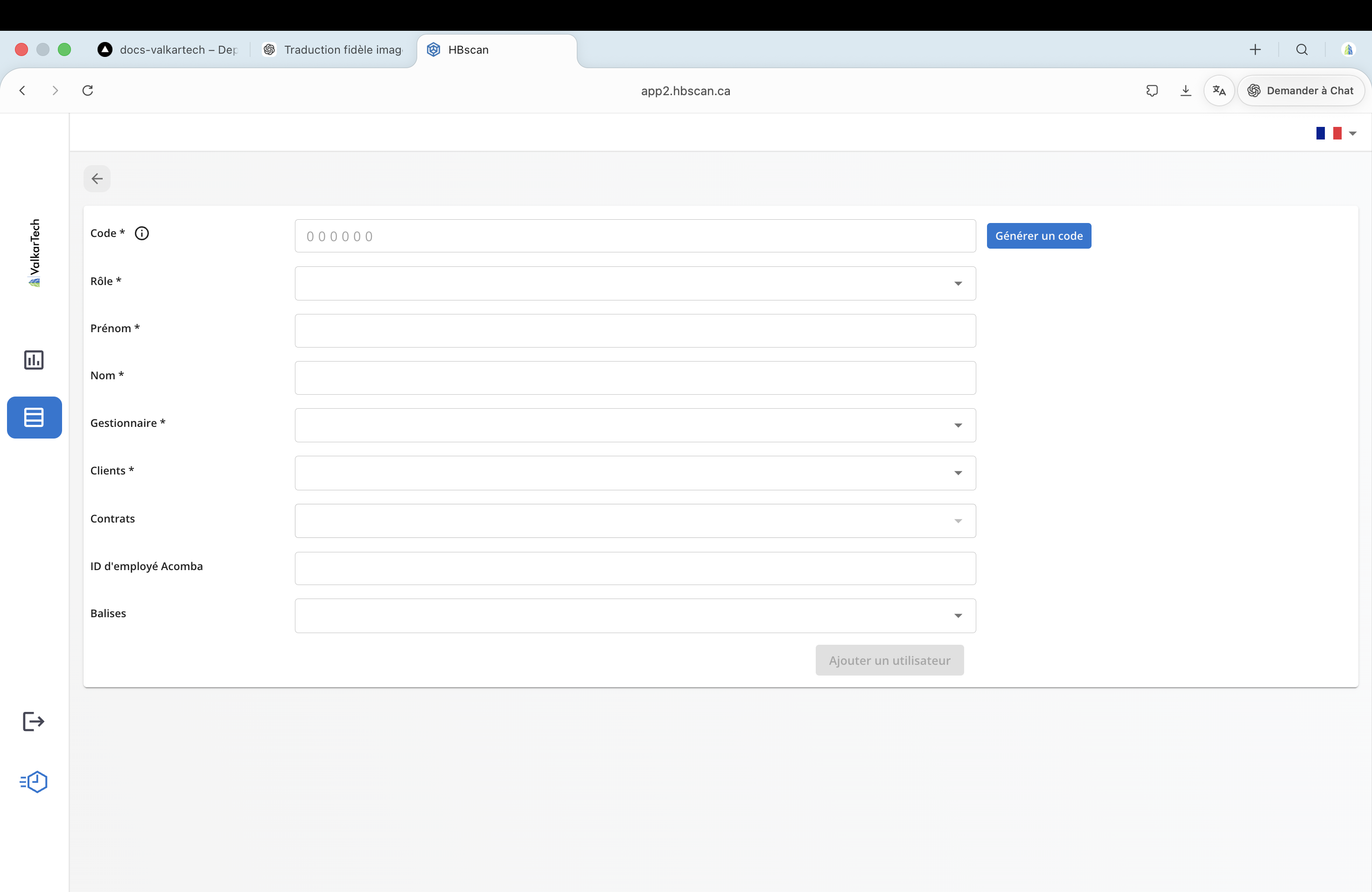Capture: formulaire « Ajouter un utilisateur » du portail HBscan Web — champs Code (avec bouton « Générer un code »), Rôle, Prénom, Nom, Gestionnaire, Clients, Contrats, ID d'employé Acomba et Balises, avec bouton « Ajouter un utilisateur » désactivé tant que les champs requis ne sont pas remplis.