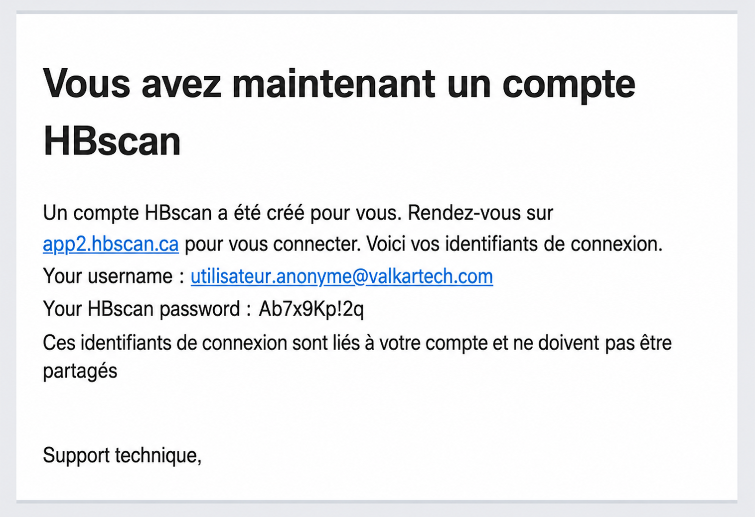 Capture: courriel « Vous avez maintenant un compte HBscan » envoyé par noreply@hbscan.ca avec le lien vers app2.hbscan.ca, le nom d'utilisateur (courriel) et le mot de passe HBscan généré.